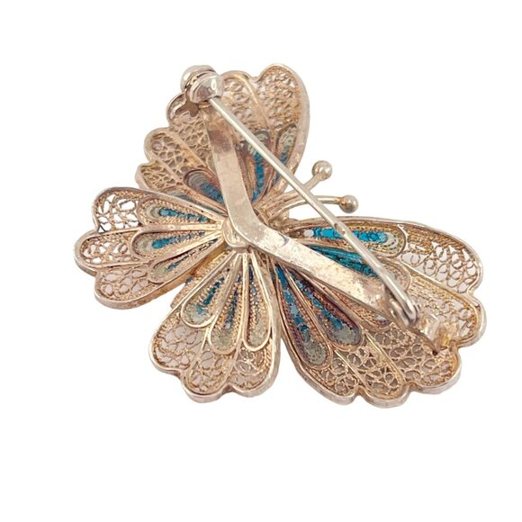 Chinese Export 1970s Blue Enamel Butterfly Pin Brooch Filigree 900 Silver - Picture 6 of 11